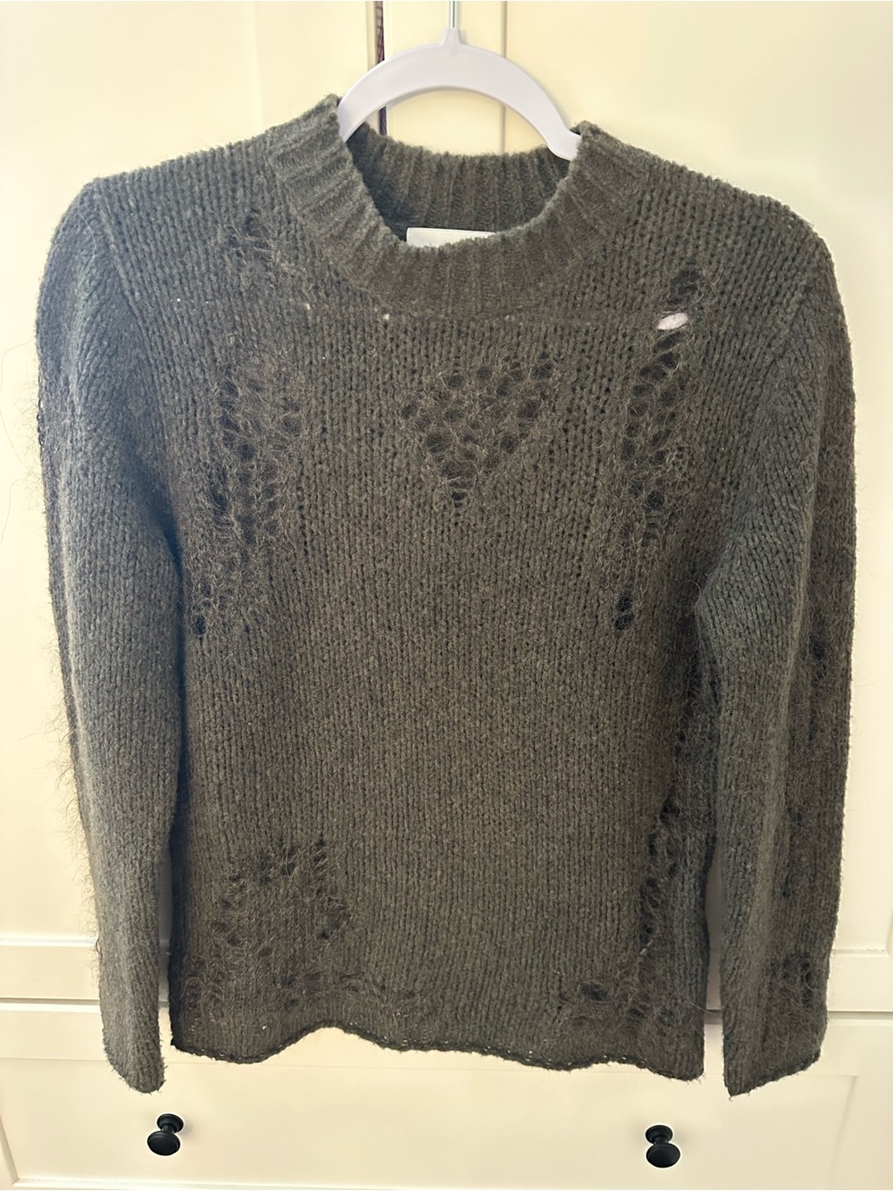 3.1 Phillip Lim Olive Knit Distressed Crewneck Sweater